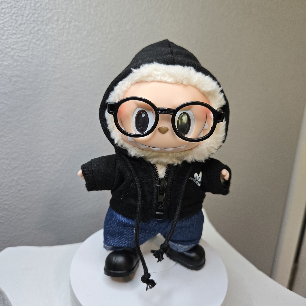 Outfit For Labubu  with Black Hoodie, Jeans, Shoes, and Glasses